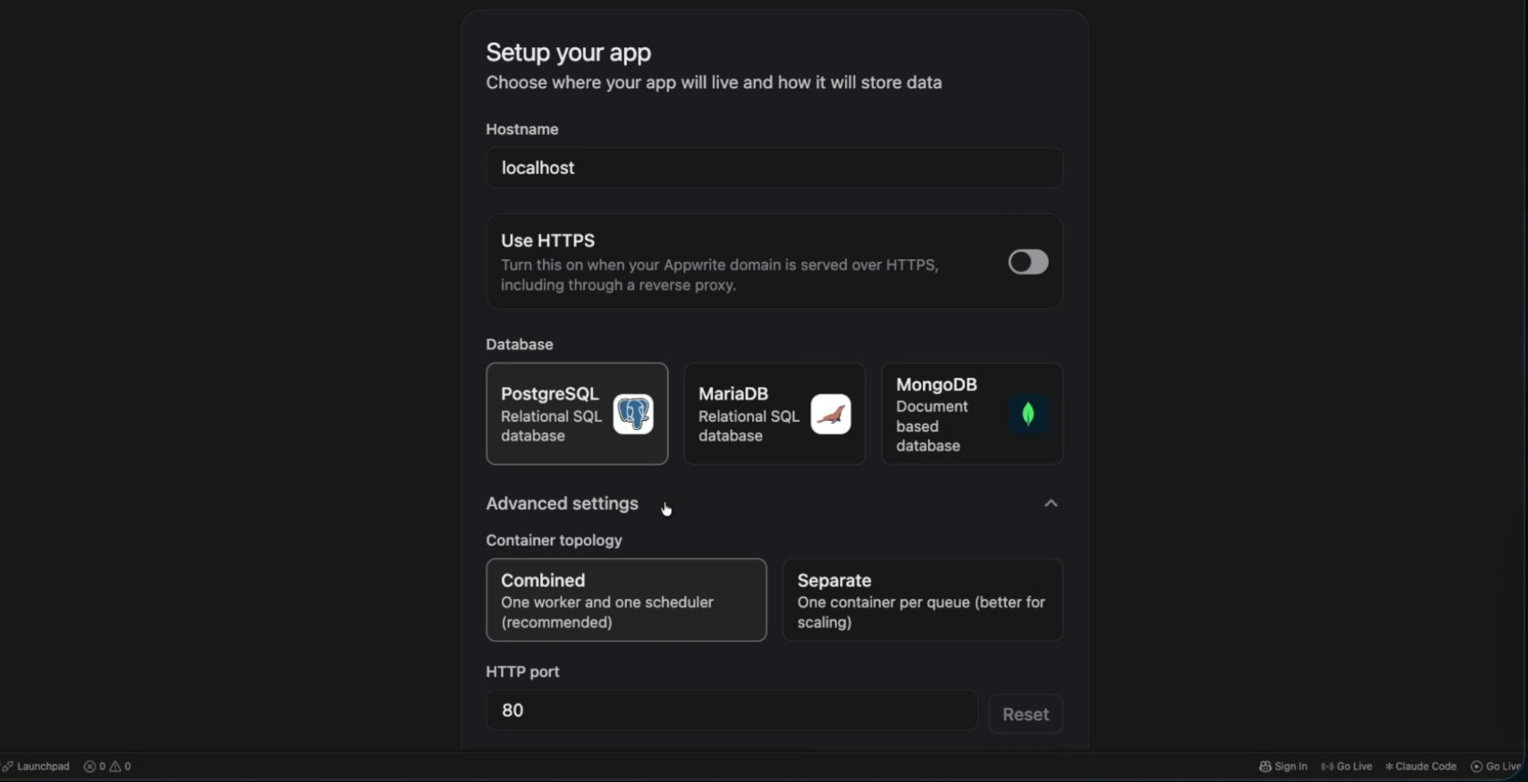 Asistente web de instalación de Appwrite con hostname localhost y PostgreSQL como base de datos