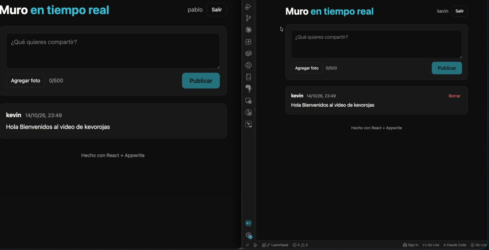 Dos ventanas del muro con dos usuarios: el mensaje aparece al instante en la otra