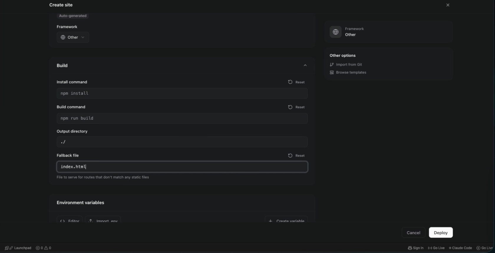 Formulario de Appwrite Sites con Framework Other y fallback index.html para una app de React compilada